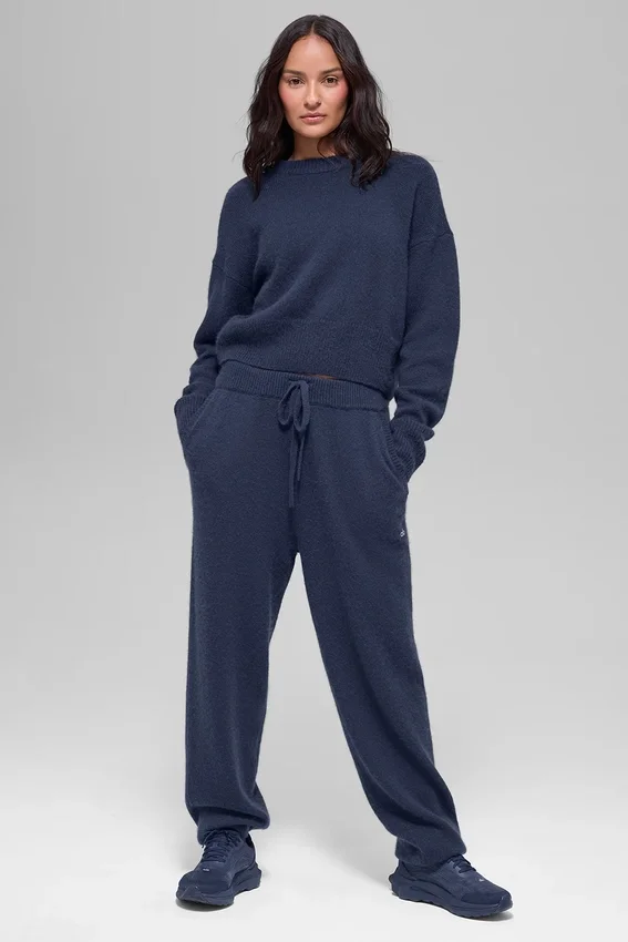 Wool Cashmere Cropped New Class Crewneck Sweater - Navy