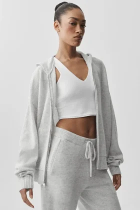 Wool Cashmere New Class Full Zip Hoodie - White Heather