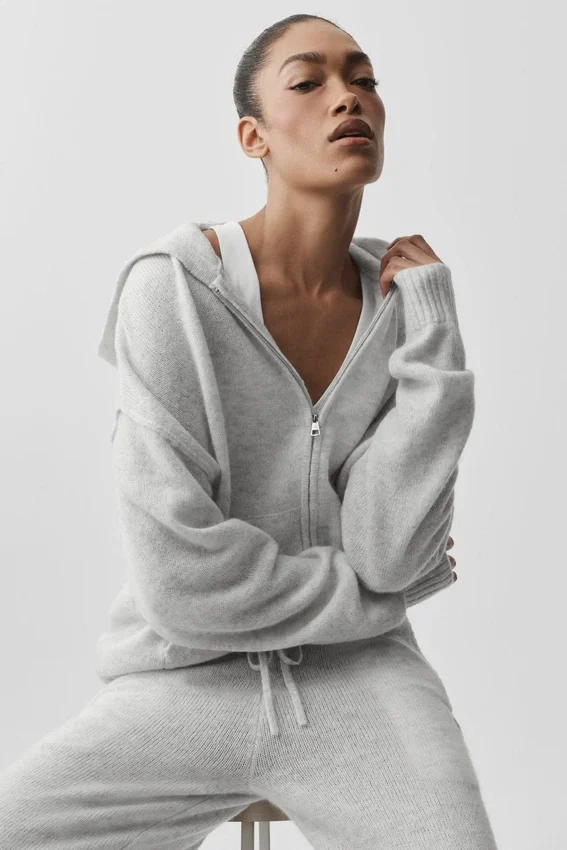 Wool Cashmere New Class Full Zip Hoodie - White Heather