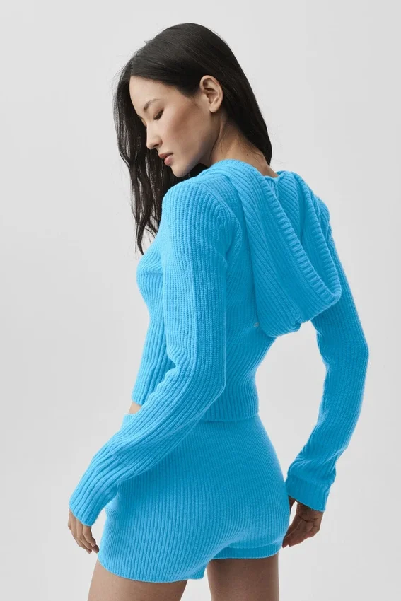 Wool Cashmere Ribbed Noble Full Zip Hoodie - Azure Blue