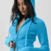 Wool Cashmere Ribbed Noble Full Zip Hoodie - Azure Blue
