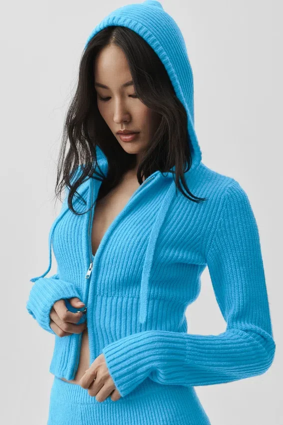Wool Cashmere Ribbed Noble Full Zip Hoodie - Azure Blue