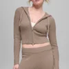 Wool Cashmere Ribbed Noble Full Zip Hoodie - Chai Latte
