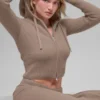 Wool Cashmere Ribbed Noble Full Zip Hoodie - Chai Latte